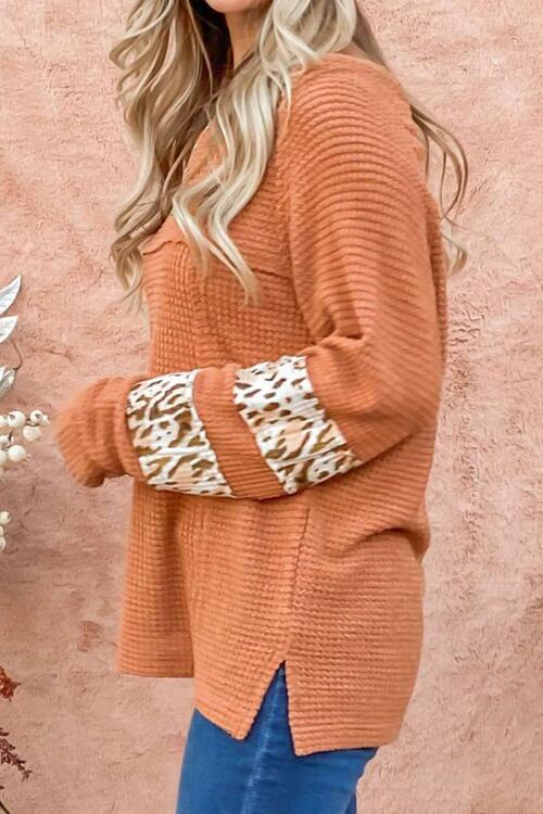 Waffle-Knit Leopard Long Sleeve Slit Blouse BLUE ZONE PLANET