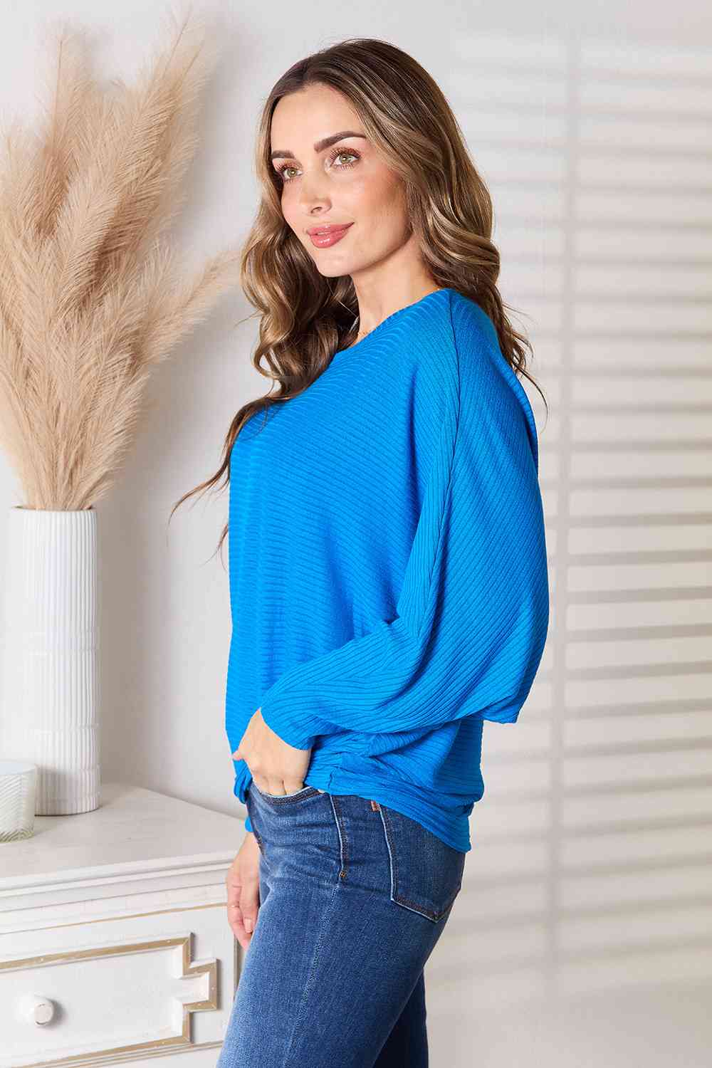 Zenana Full Size Round Neck Batwing Sleeve Blouse BLUE ZONE PLANET