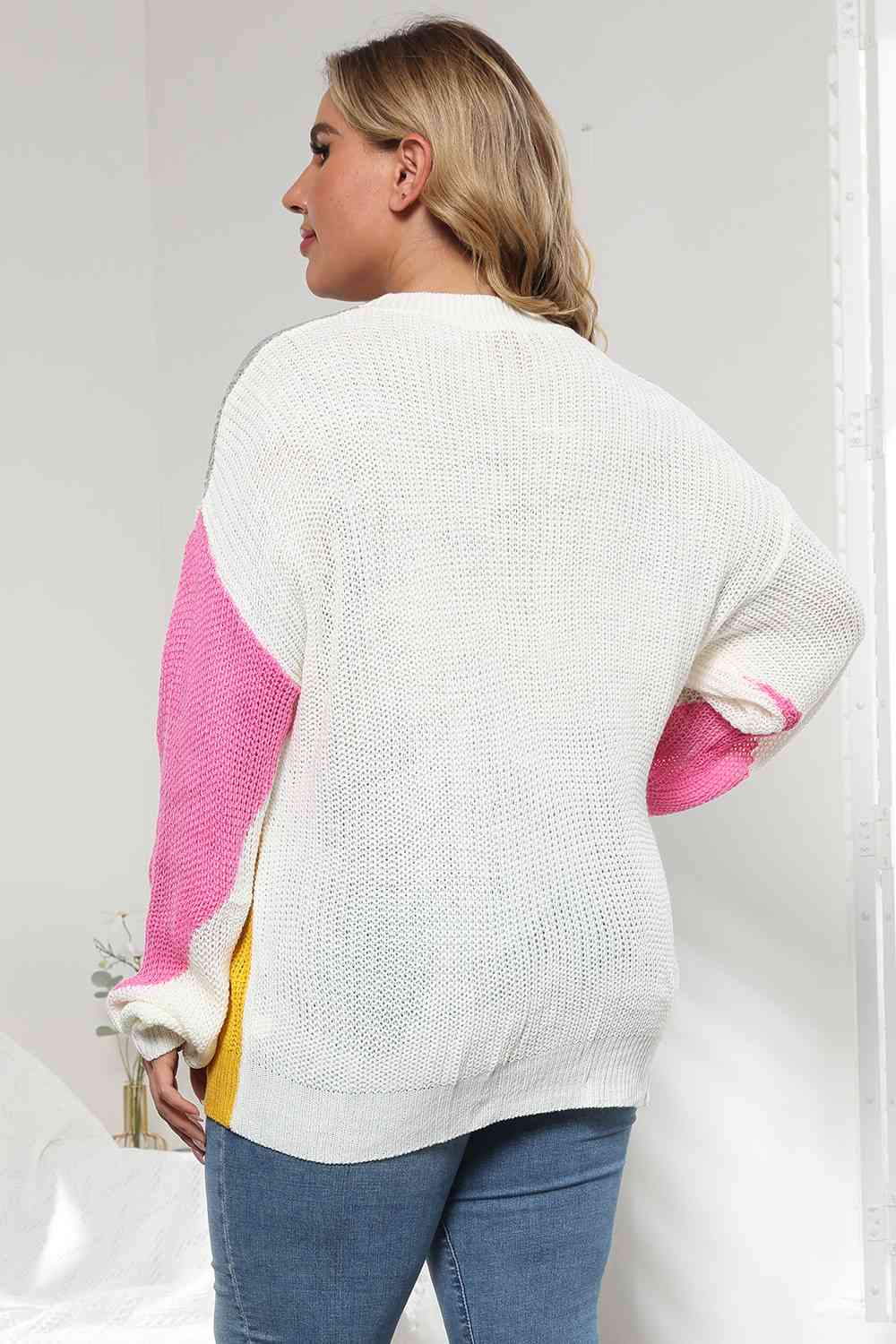 Plus Size Color Block Round Neck Sweater BLUE ZONE PLANET