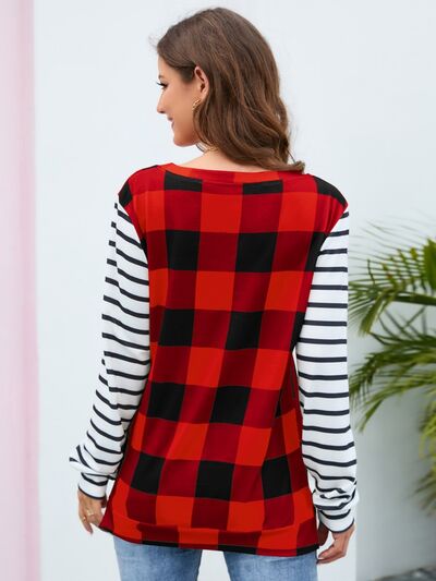 Plaid Striped Round Neck Long Sleeve T-Shirt-TOPS / DRESSES-[Adult]-[Female]-2022 Online Blue Zone Planet