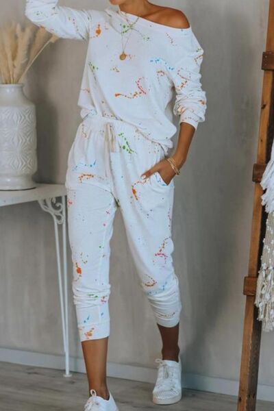 Blue Zone Planet |  Splatter Print Round Neck Top and Drawstring Pants Set BLUE ZONE PLANET