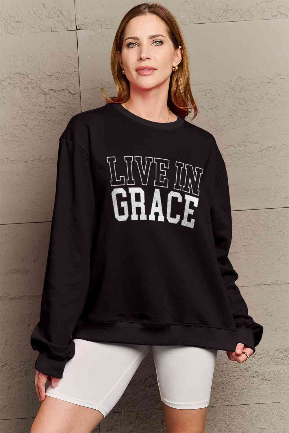 Simply Love Full Size LIVE IN GRACE Graphic Sweatshirt BLUE ZONE PLANET