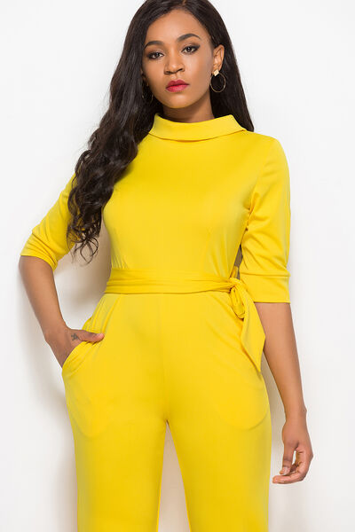 Mock Neck Tie-Waist Half Sleeve Jumpsuit Trendsi