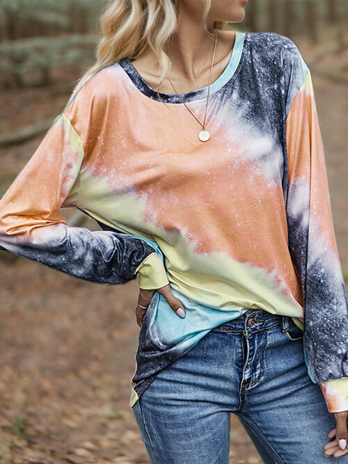 Printed Round Neck Long Sleeve T-Shirt BLUE ZONE PLANET