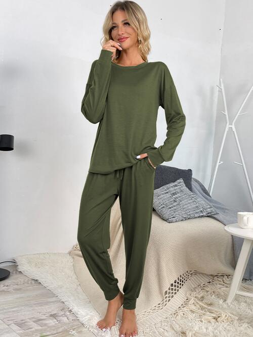 Round Neck Top and Drawstring Pants Lounge Set BLUE ZONE PLANET