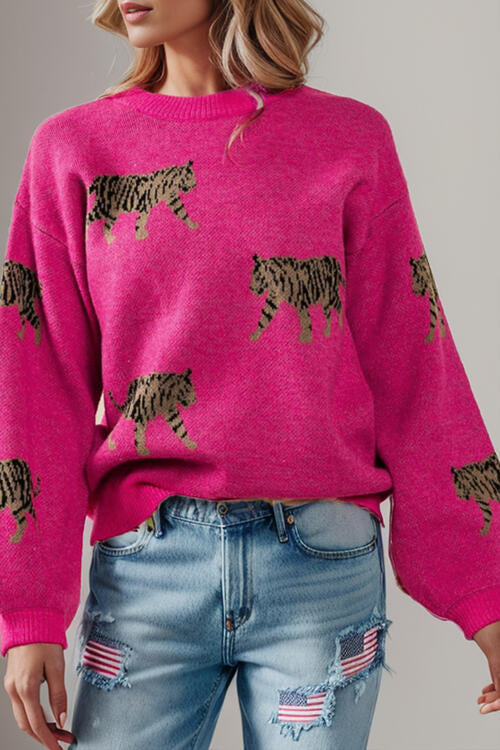 Tiger Pattern Round Neck Drop Shoulder Sweater BLUE ZONE PLANET