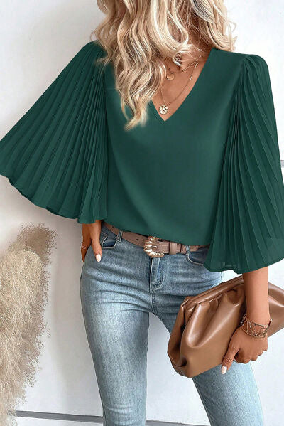 Pleated Flutter Sleeve V-Neck Blouse Trendsi