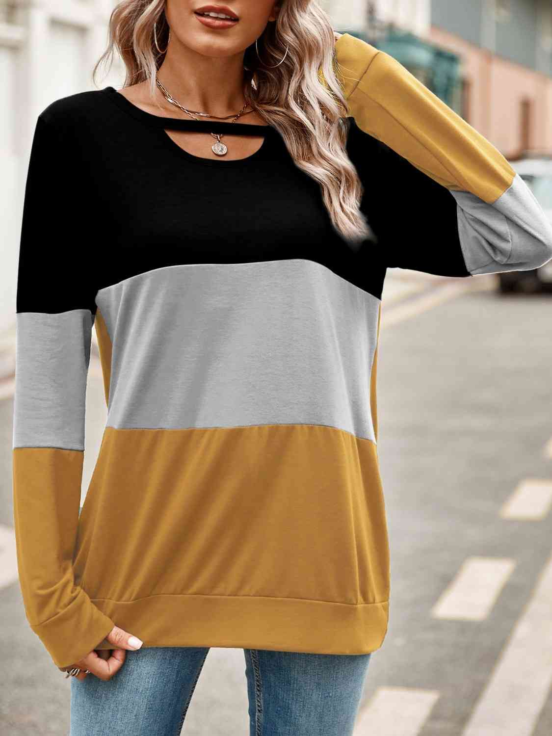 Color Block Cutout Round Neck Long Sleeve T-Shirt BLUE ZONE PLANET