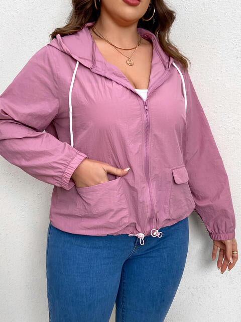 Plus Size Zip-Up Drawstring Hooded Jacket with Pockets BLUE ZONE PLANET