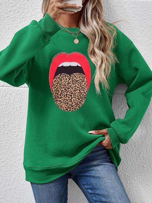 Leopard Lip Graphic Round Neck Sweatshirt BLUE ZONE PLANET