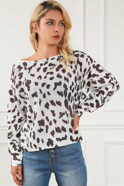 Blue Zone Planet |  Leopard Boat Neck Long Sleeve Sweater BLUE ZONE PLANET