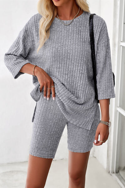 Ribbed Round Neck Top and Shorts Set-TOPS / DRESSES-[Adult]-[Female]-Light Gray-S-2022 Online Blue Zone Planet
