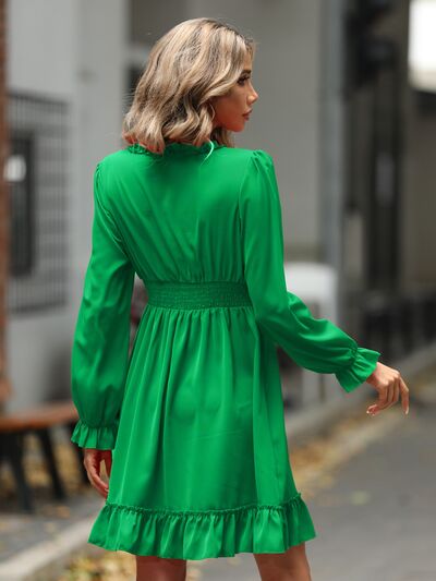 Ruffle Trim V-Neck Flounce Sleeve Dress BLUE ZONE PLANET