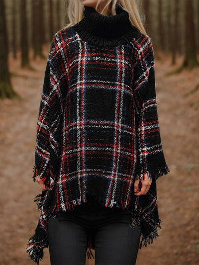 Turtleneck Plaid Raw Hem Sweater BLUE ZONE PLANET