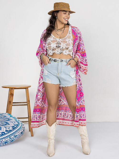 Double Take Plus Size Printed Open Front Longline Cardigan BLUE ZONE PLANET
