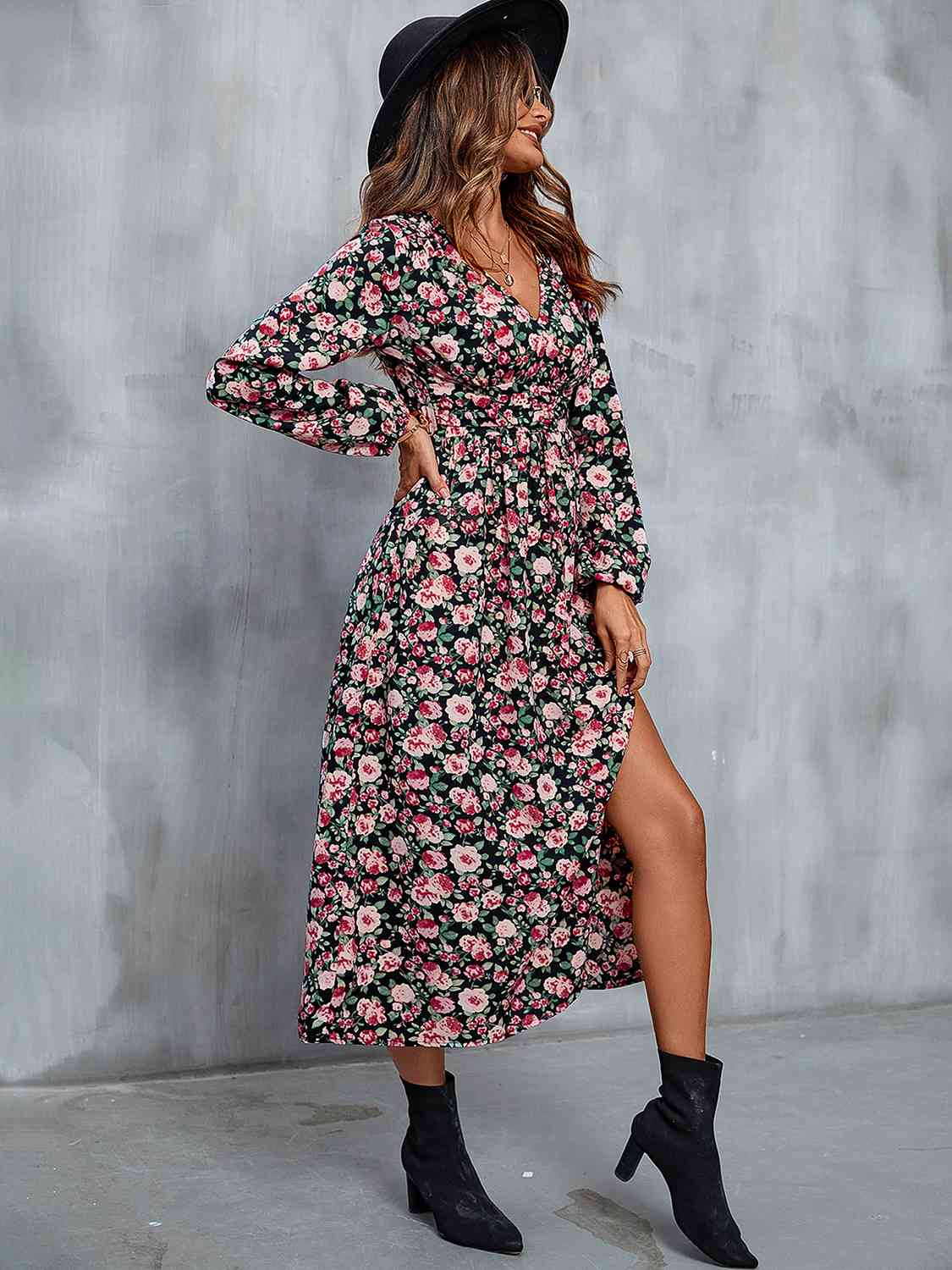 Floral V-Neck Slit Midi Dress BLUE ZONE PLANET