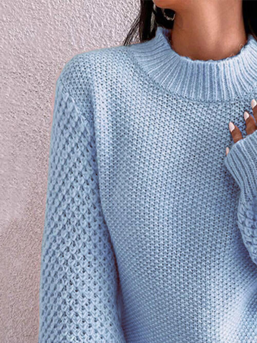 Openwork Mock Neck Long Sleeve Sweater BLUE ZONE PLANET