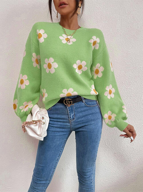 Flower Round Neck Latern Sleeve Sweater BLUE ZONE PLANET