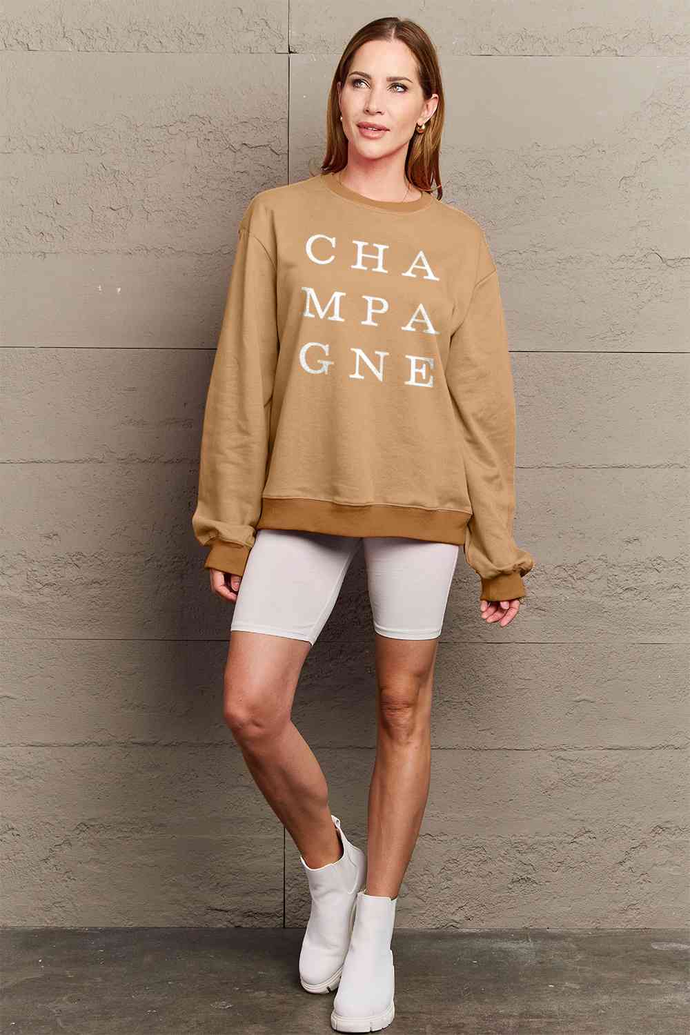 Simply Love Full Size CHAMPAGNE Graphic Long Sleeve Sweatshirt BLUE ZONE PLANET