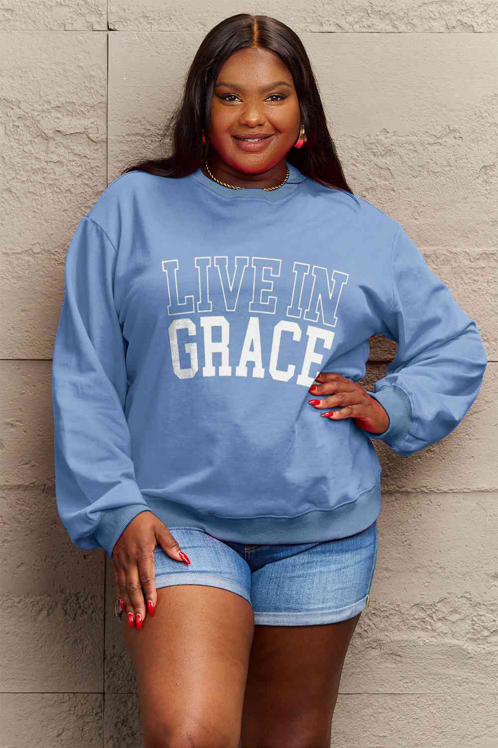 Simply Love Full Size LIVE IN GRACE Graphic Sweatshirt BLUE ZONE PLANET