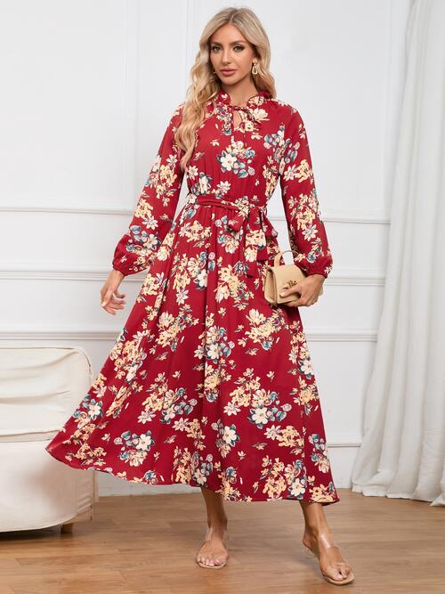 Floral Tie Front Balloon Sleeve Dress BLUE ZONE PLANET