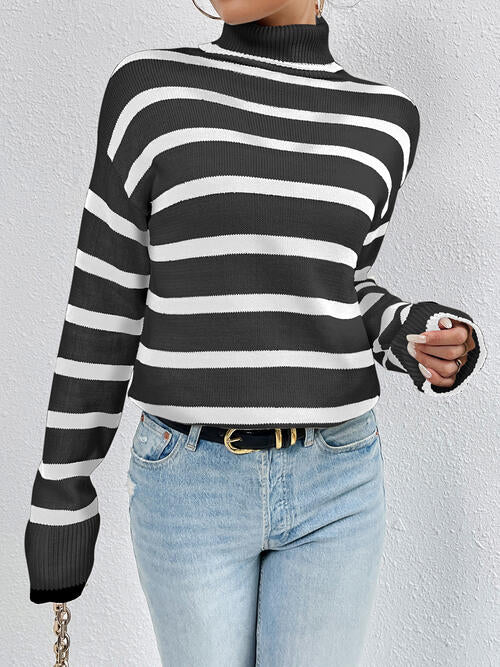 Striped Turtleneck Long Sleeve Sweater BLUE ZONE PLANET
