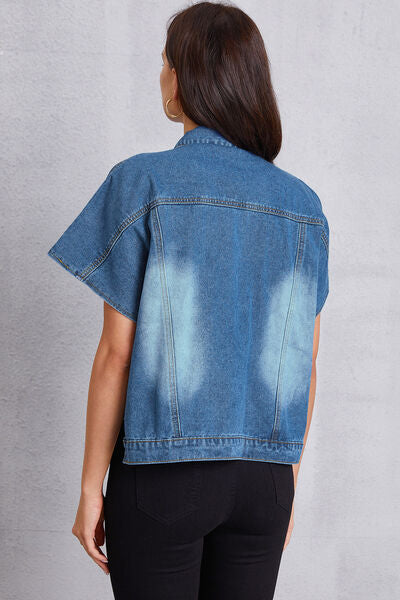 Pocketed Button Up Short Sleeve Denim Top-TOPS / DRESSES-[Adult]-[Female]-2022 Online Blue Zone Planet