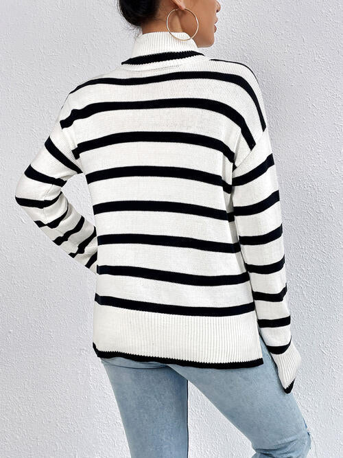 Striped Turtleneck Long Sleeve Sweater BLUE ZONE PLANET