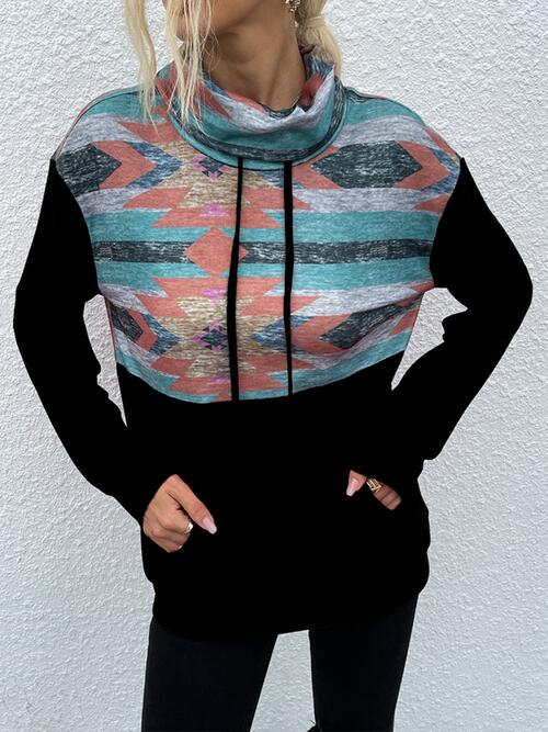 Geometric Drawstring Long-Sleeve Sweatshirt BLUE ZONE PLANET