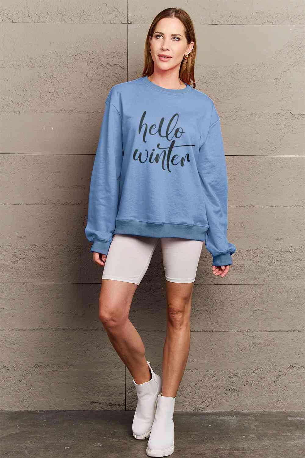 Simply Love Full Size HELLO WINTER Graphic Sweatshirt BLUE ZONE PLANET