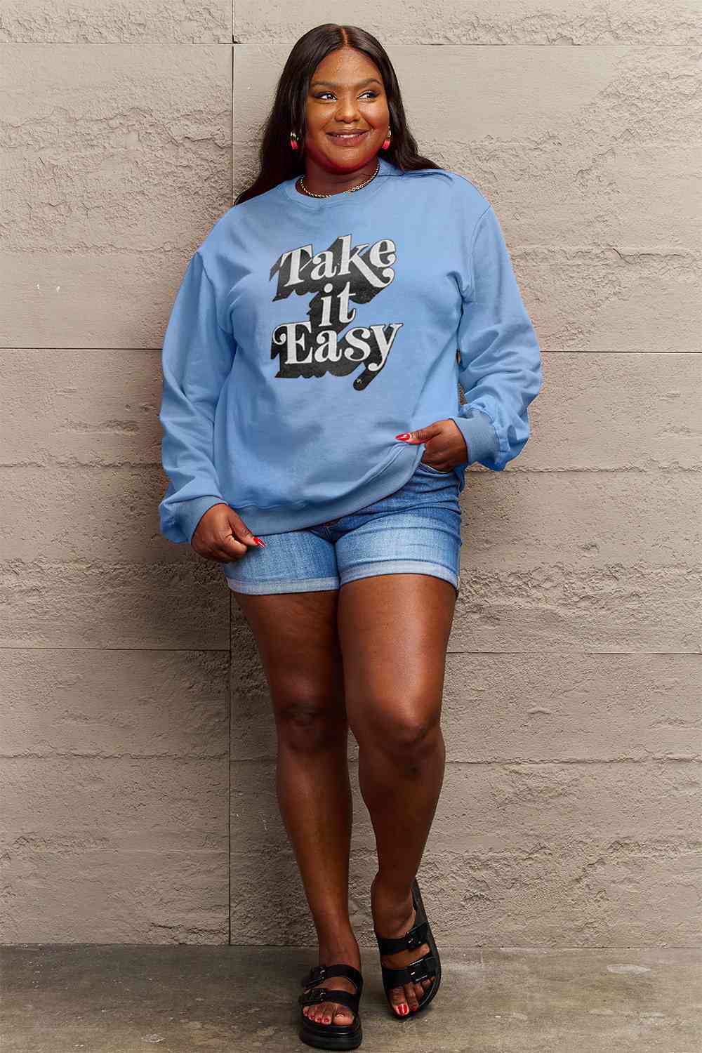 Simply Love Full Size TAKE IT EASY Graphic Sweatshirt BLUE ZONE PLANET