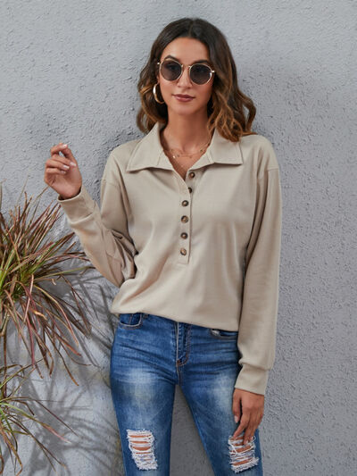 Half Button Dropped Shoulder Blouse Trendsi