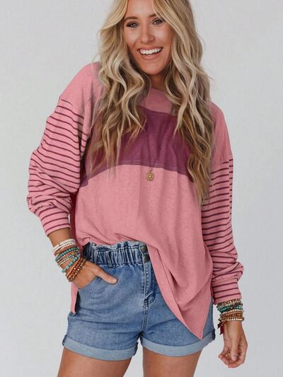 Round Neck Striped Long Sleeve Slit T-Shirt BLUE ZONE PLANET