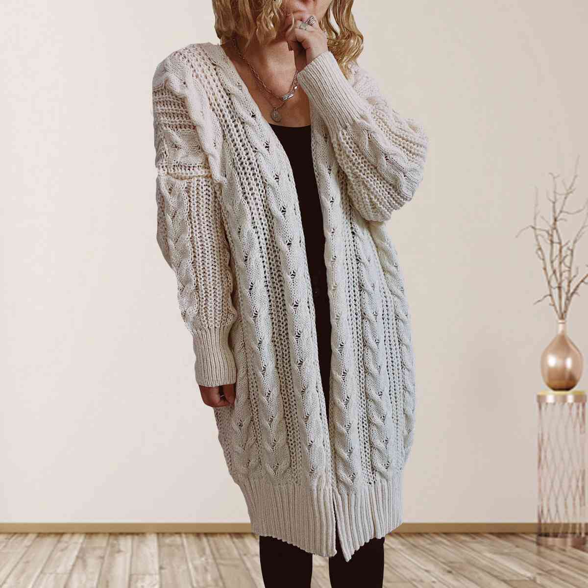 Cable-Knit Open Front Dropped Shoulder Cardigan BLUE ZONE PLANET