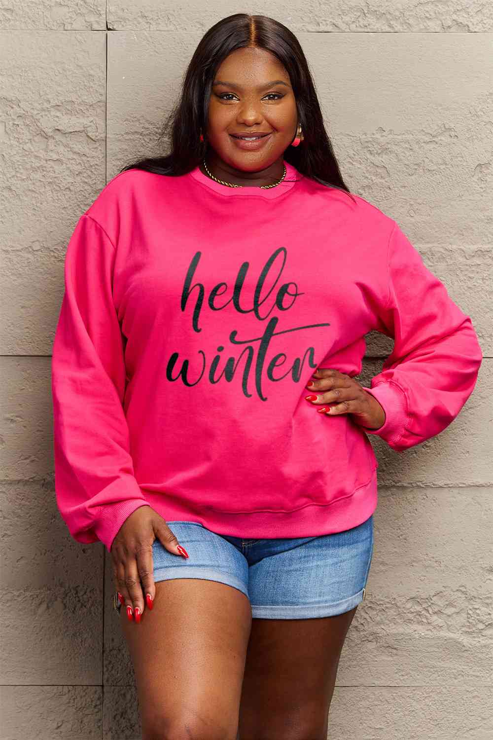 Simply Love Full Size HELLO WINTER Graphic Sweatshirt BLUE ZONE PLANET