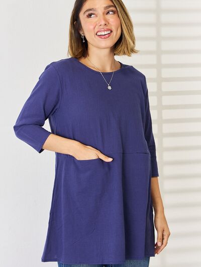 Pocketed Round Neck Half Sleeve Blouse BLUE ZONE PLANET