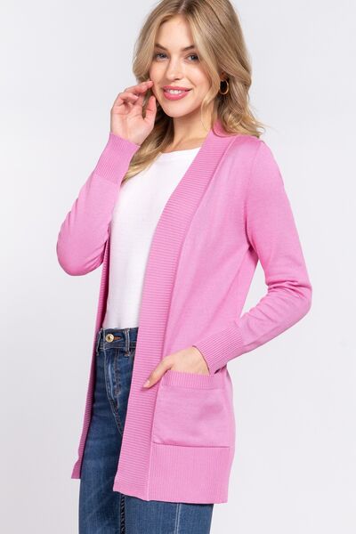 ACTIVE BASIC Ribbed Trim Open Front Cardigan BLUE ZONE PLANET
