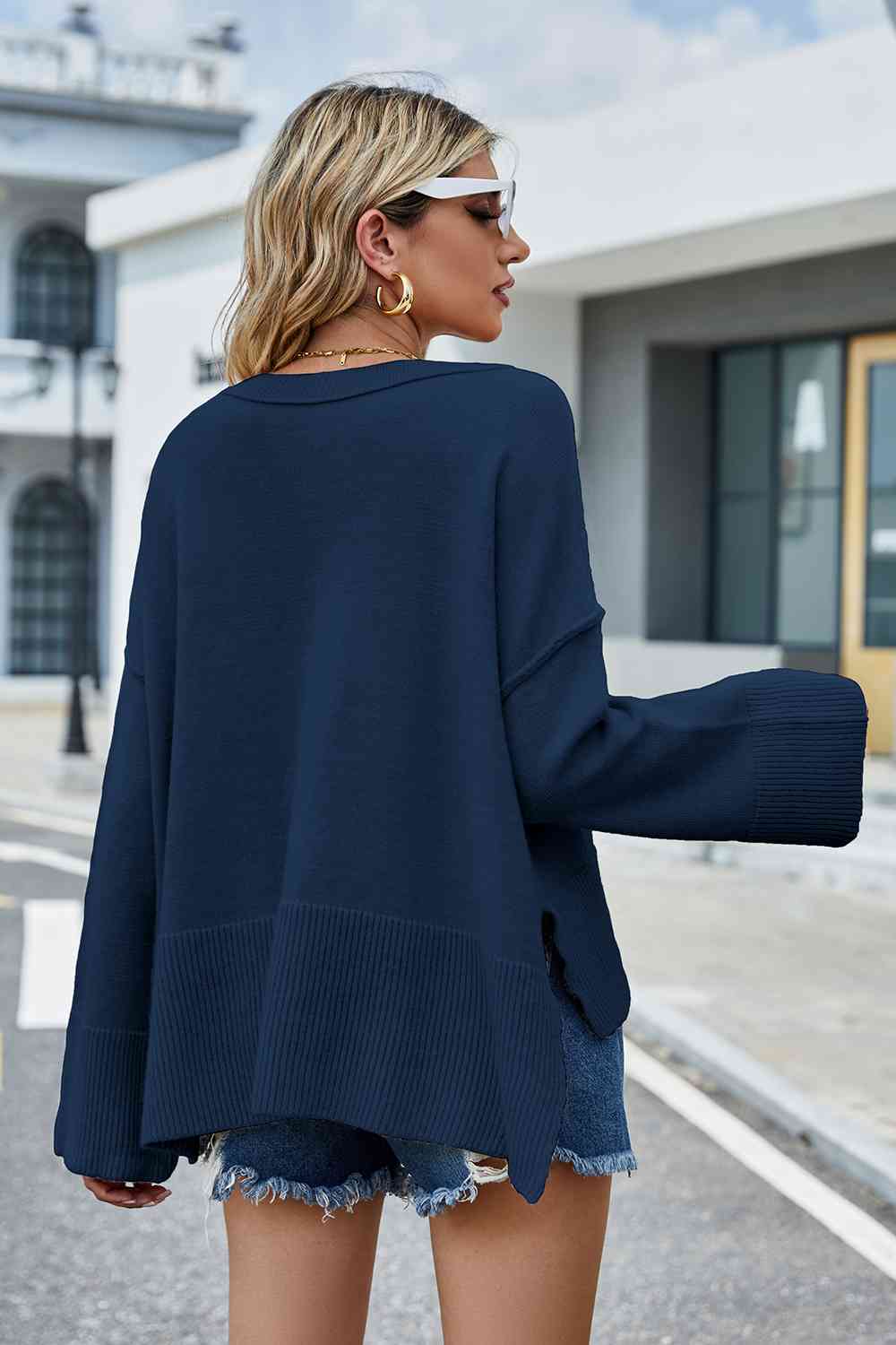 Round Neck Dropped Shoulder Slit Sweater BLUE ZONE PLANET