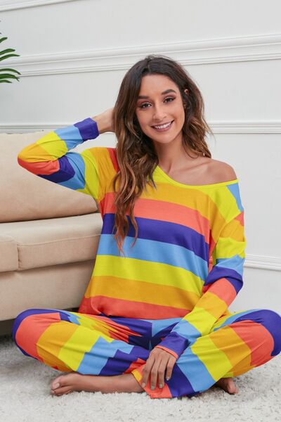 Blue Zone Planet |  Striped Round Neck Long Sleeve Top and Drawstring Pants Lounge Set BLUE ZONE PLANET