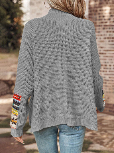 Geometric Turtleneck Long Sleeve Slit Sweater Trendsi