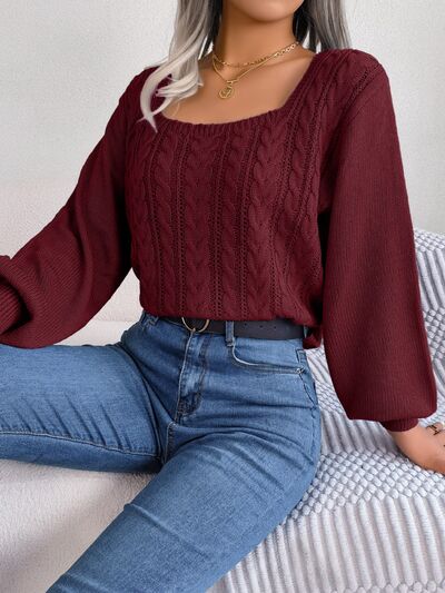 Cable-Knit Square Neck Long Sleeve Sweater BLUE ZONE PLANET