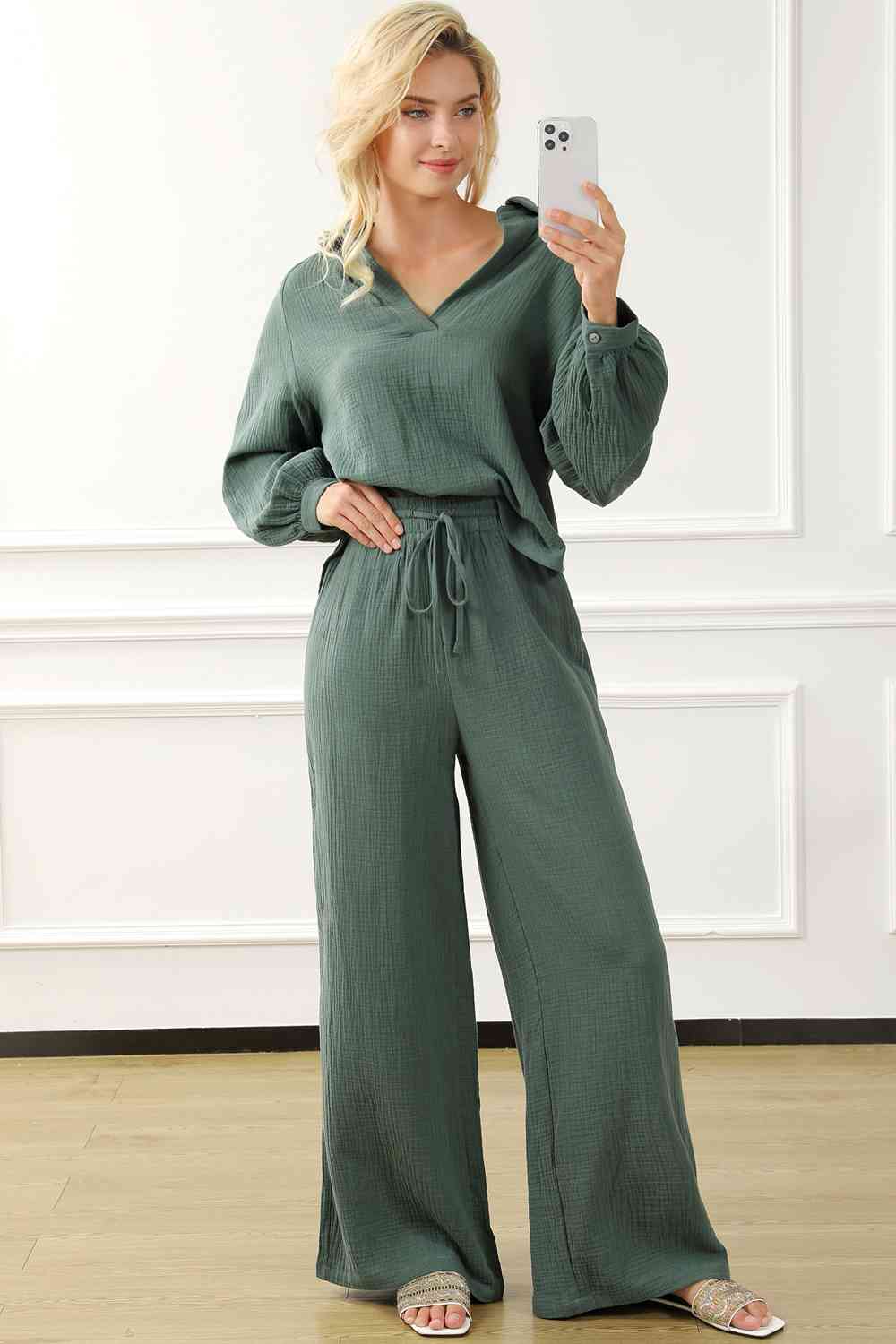 Collared Neck Top and Drawstring Pants Set BLUE ZONE PLANET