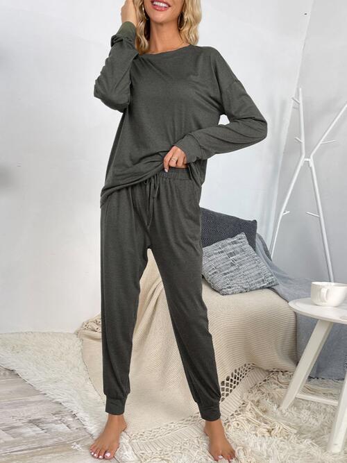 Round Neck Top and Drawstring Pants Lounge Set BLUE ZONE PLANET