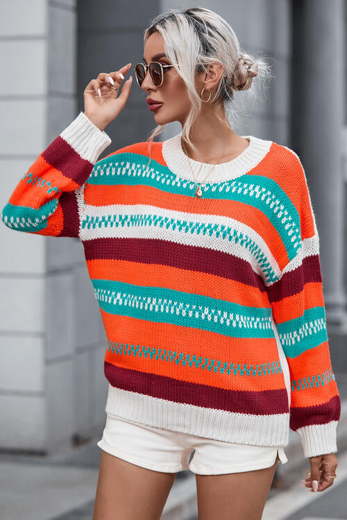 Striped Round Neck Long Sleeve Sweater BLUE ZONE PLANET