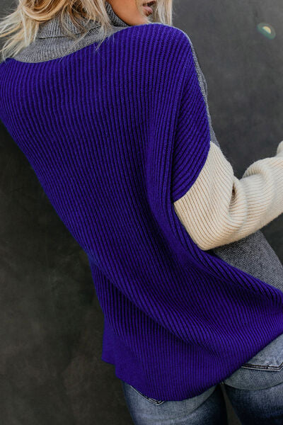 Color Block Cable-Knit Turtleneck Sweater Trendsi