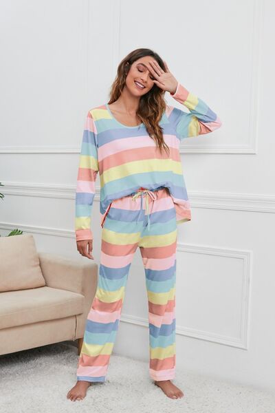 Blue Zone Planet |  Striped Round Neck Long Sleeve Top and Drawstring Pants Lounge Set BLUE ZONE PLANET