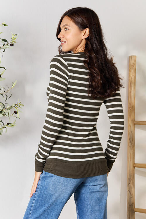 Zenana Full Size Striped Snap Down Cardigan BLUE ZONE PLANET