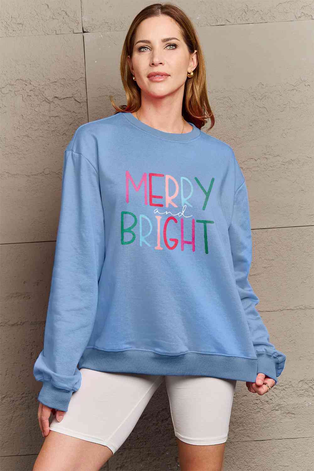 Simply Love Full Size MERRY AND BRIGHT Graphic Sweatshirt BLUE ZONE PLANET