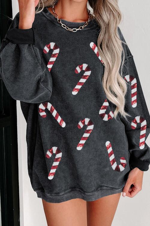 Sequin Candy Cane Round Neck Sweatshirt-TOPS / DRESSES-[Adult]-[Female]-2022 Online Blue Zone Planet