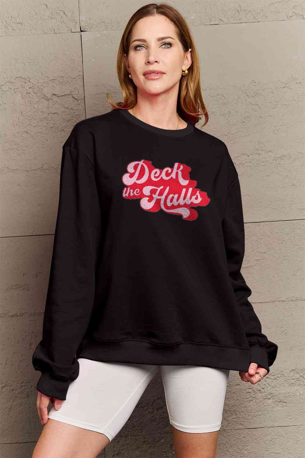 Simply Love Full Size DECK THE HALLS Graphic Sweatshirt BLUE ZONE PLANET